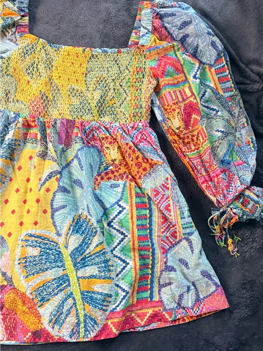 Farm Rio. Women’s Multicolor Boho Smocked Peasant dress - Picture 8 of 16
